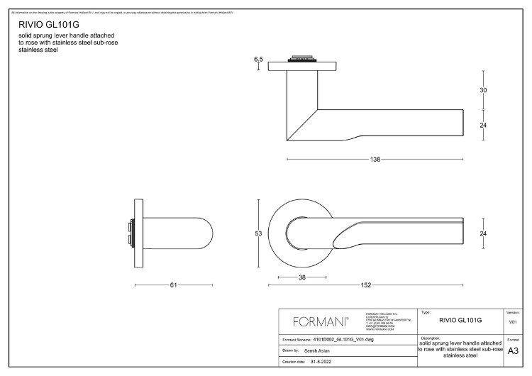 Enkele deurklink RIVIO by Gensler GL101-G op rozet rechts pvd mat goud - Afbeelding 2