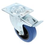 Zwenkwiel met rem en bevestigingsplaat verzinkt met blauwe nylon wiel Ø100x32mm