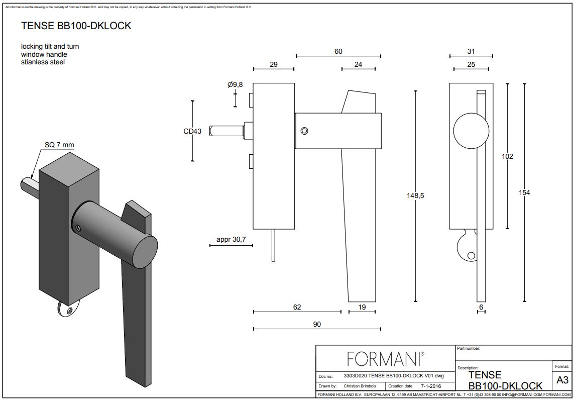 Draaikiepgarnituur TENSE BB100-DKLOCK links mat zwart - Afbeelding 2