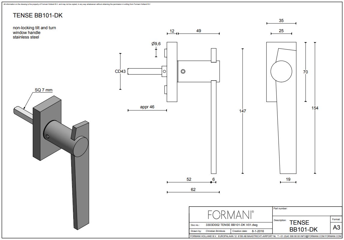 Draaikiepgarnituur TENSE BB101-DK rechts mat rvs - Afbeelding 2