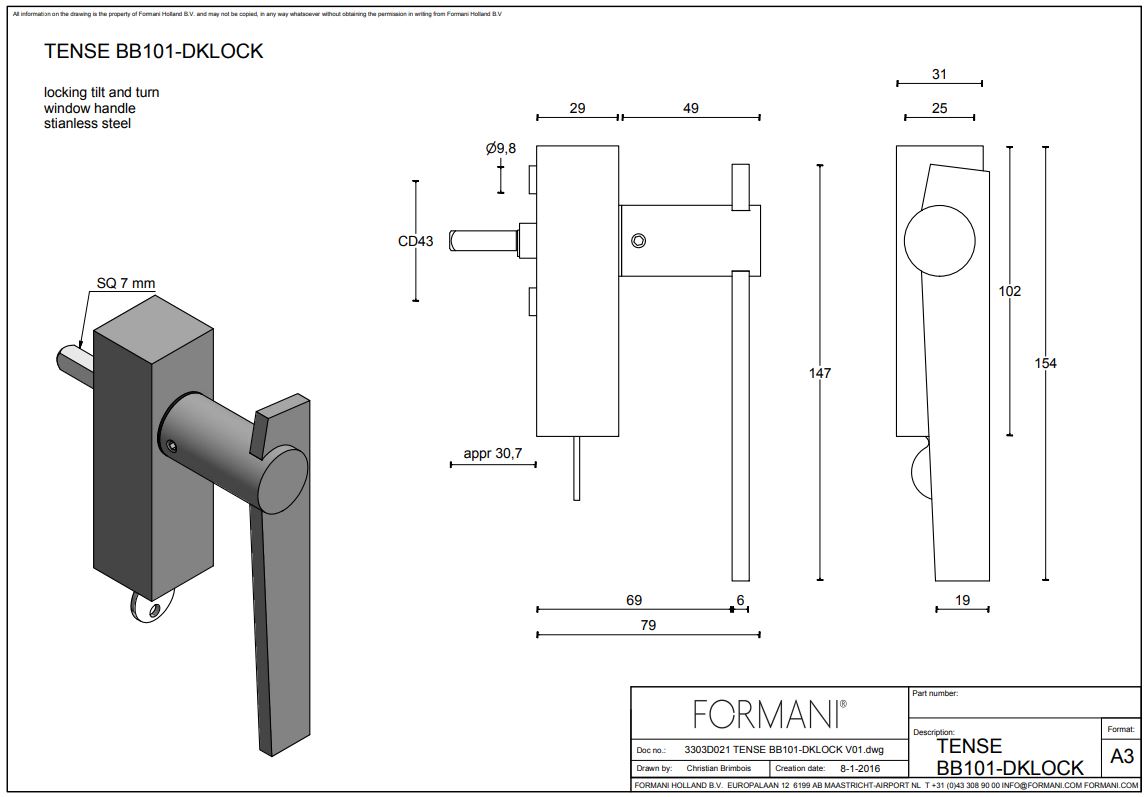 Draaikiepgarnituur TENSE BB101-DKLOCK links mat rvs - Afbeelding 2
