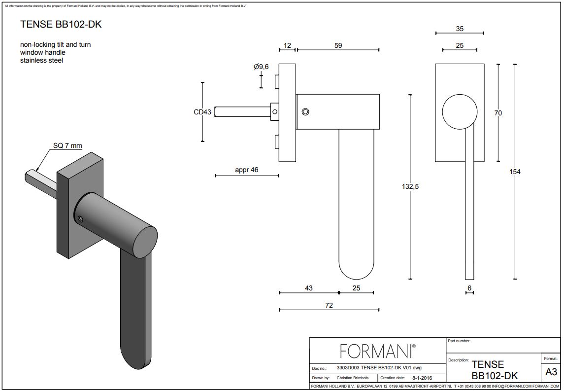 Draaikiepgarnituur TENSE BB102-DK rechts mat rvs - Afbeelding 2