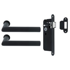 Deurklink Rond op minimalistisch rond rozet en een smaldeurslot met ronde voorplaat rvs zwart