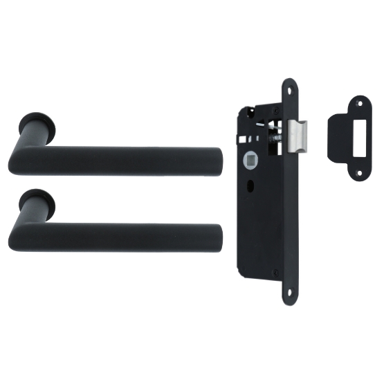 Deurklink Rond op minimalistisch rond rozet en een smaldeurslot met ronde voorplaat rvs zwart