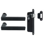 Deurklink Vierkant op minimalistisch rond rozet en een smaldeurslot met ronde voorplaat rvs zwart