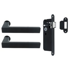 Deurklink Vierkant op minimalistisch rond rozet en een smaldeurslot met ronde voorplaat rvs zwart