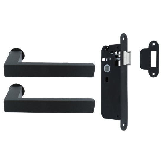 Deurklink Vierkant op minimalistisch rond rozet en een smaldeurslot met ronde voorplaat rvs zwart