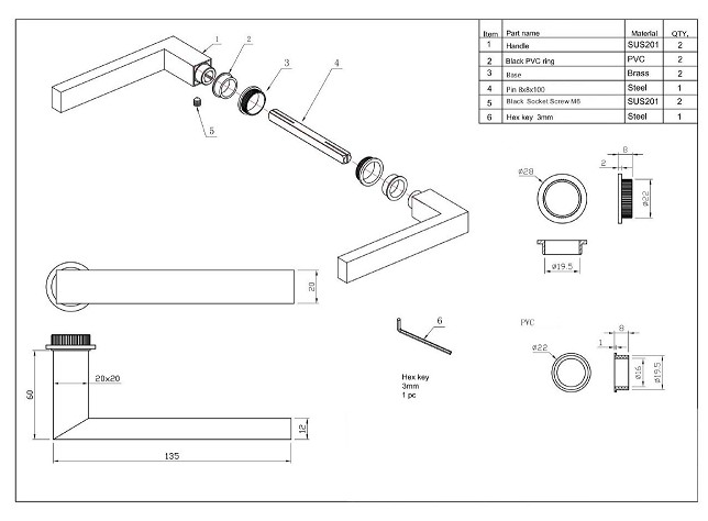 Deurklink Vierkant op minimalistisch rond rozet en een smaldeurslot met ronde voorplaat rvs zwart - Afbeelding 2
