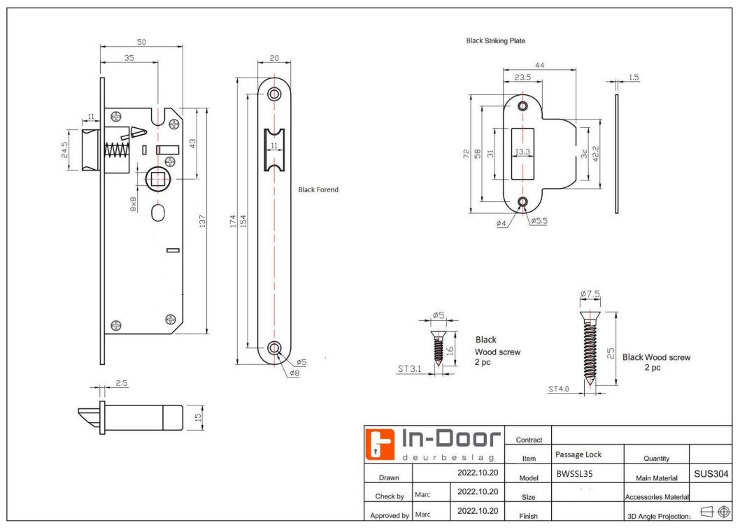Deurklink Vierkant op minimalistisch rond rozet en een smaldeurslot met ronde voorplaat rvs zwart - Afbeelding 3
