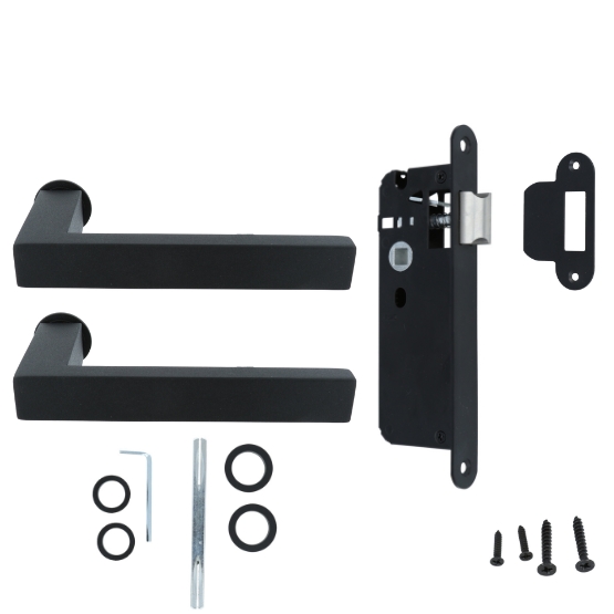 Deurklink Vierkant op minimalistisch rond rozet en een smaldeurslot met ronde voorplaat rvs zwart - Afbeelding 4