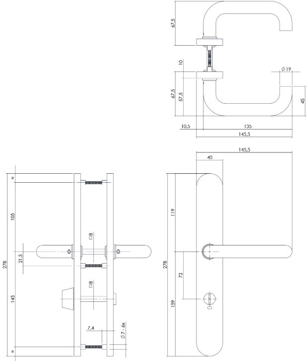 Intersteel deurklink rond Ø19mm op XL schild 278x40mm verdekt WC72/8 rvs - Afbeelding 2