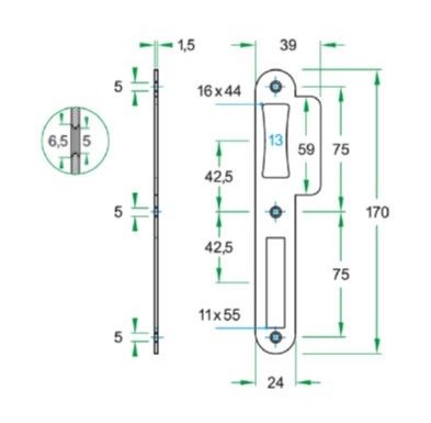 Sluitplaat korte lip 39 mm tonrolslot rvs - Afbeelding 2