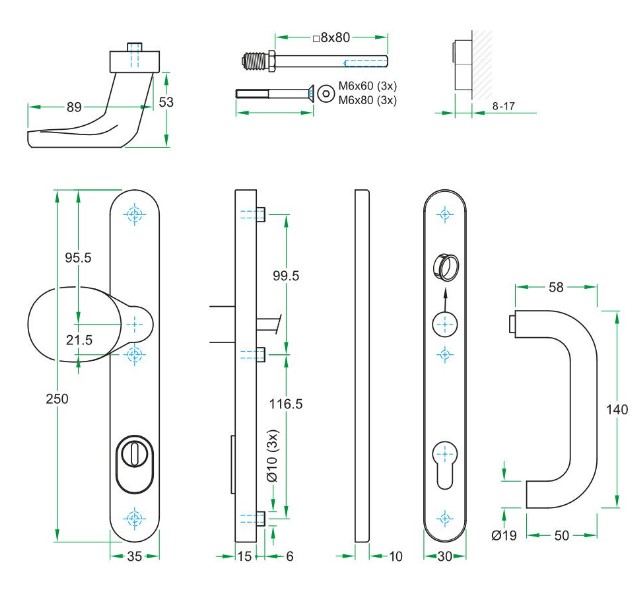 SKG3 PC72 knop/kruk U op ovaal smal schild PRIO + kerntrekbeveiliging rvs - Afbeelding 2