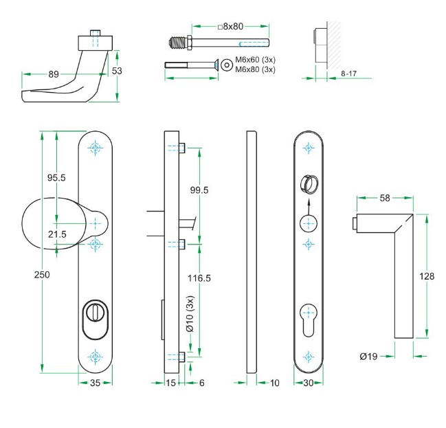 SKG3 PC92 knop/kruk T op ovaal smal schild PRIO + kerntrekbeveiliging rvs - Afbeelding 2
