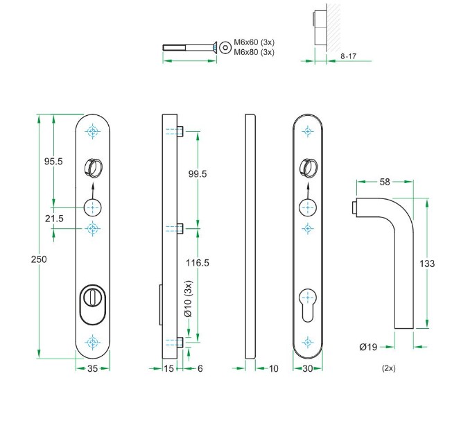 SKG3 PC92 kruk L op ovaal smal schild PRIO + kerntrekbeveiliging rvs - Afbeelding 2