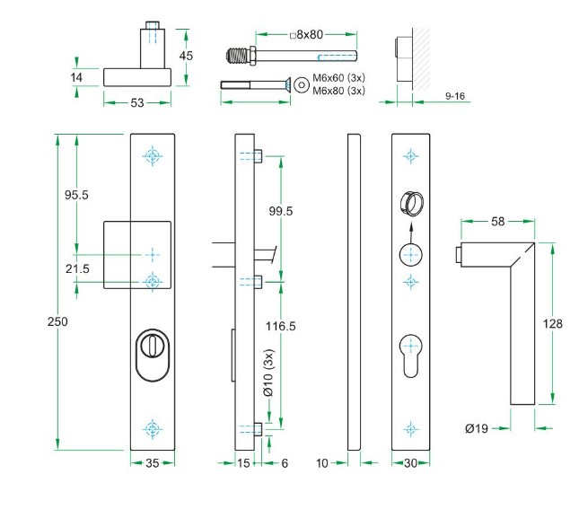 SKG3 PC72 knop/kruk T op rechthoekig smal schild PRIO + kerntrekbeveiliging rvs - Afbeelding 2