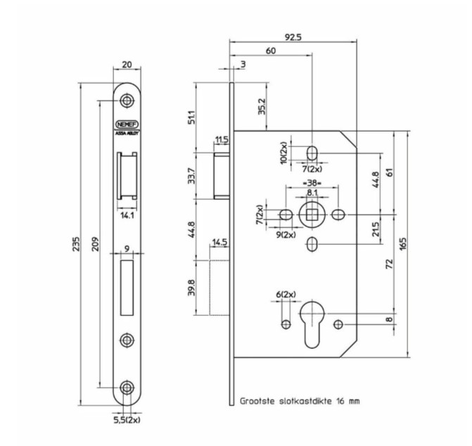 Nemef insteekslot 649 DIN rechts PC72 met afgeronde voorplaat wit gelakt - Afbeelding 2