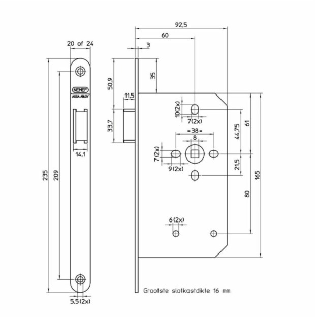 Nemef loopslot 635 DIN links met afgeronde voorplaat wit gelakt - Afbeelding 2