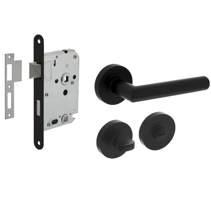 Intersteel deurbeslag set WC-slot 63/8 mm zwart + Deurklink Bastian en WC-sluiting zwart