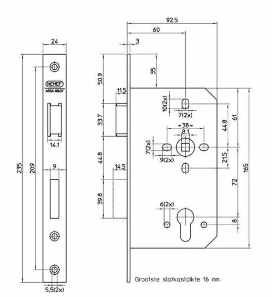 Nemef cilinder insteekslot 669 DIN rechts PC72 met rechthoekige rvs voorplaat - Afbeelding 2