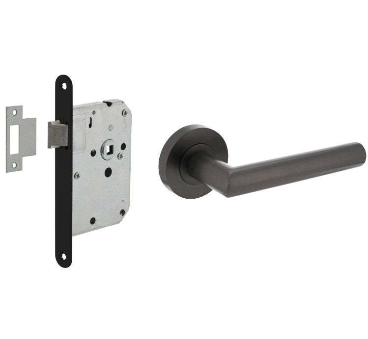 Intersteel deurbeslag set loopslot zwart + Deurklink Bastian met rond rozet antraciet grijs