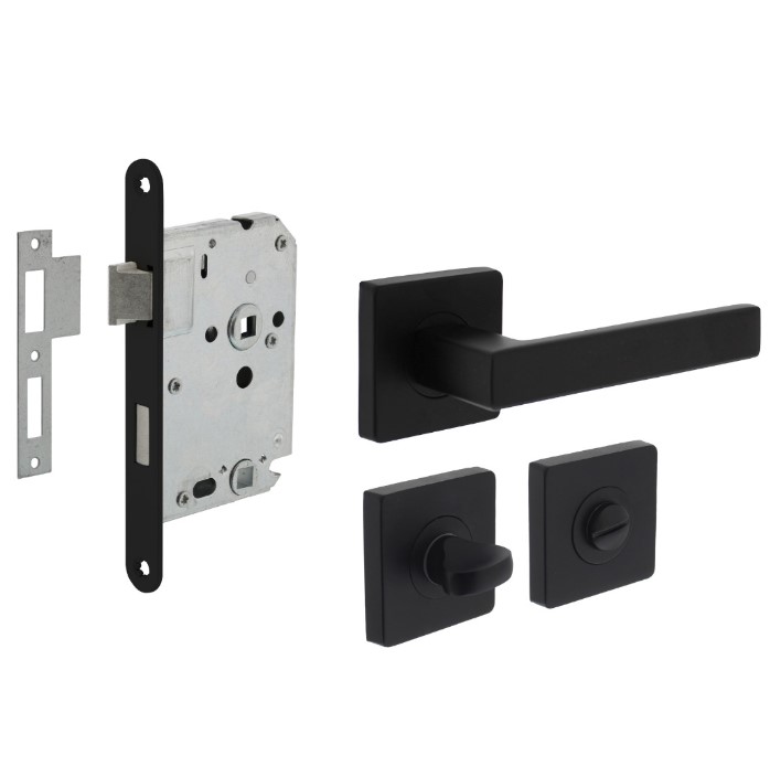 Intersteel deurbeslag set WC-slot 63/8 mm zwart + Deurklink Hera en WC-sluiting zwart
