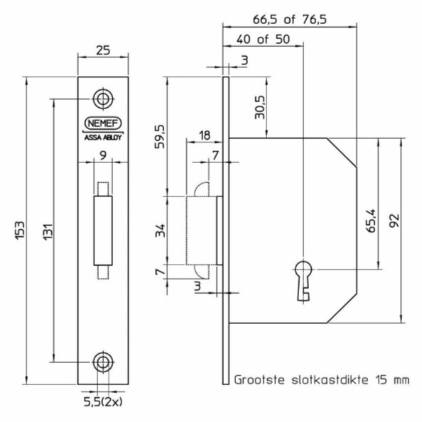 Nemef haakschootslot 608 met messing voorplaat - Afbeelding 2