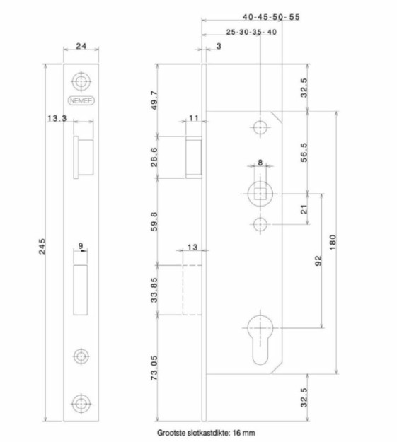 Nemef smaldeurslot PC92 DIN rechts 8791/14-25 mm rechthoekige verzinkte voorplaat - Afbeelding 2