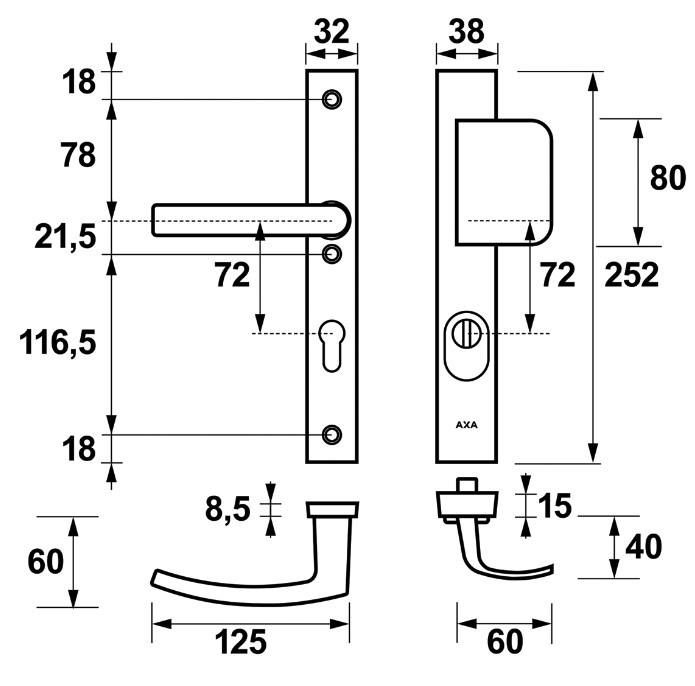 AXA Edge Plus Smal veiligheidsbeslag PC72 met kerntrekbeveiliging D-greep/kruk SKG3 Aluminium F1 - Afbeelding 2