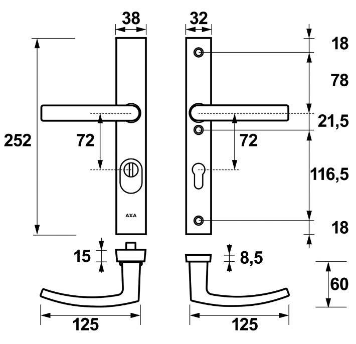 AXA Edge Plus Smal veiligheidsbeslag PC72 met kerntrekbeveiliging kruk/kruk SKG3 Aluminium F1 - Afbeelding 2