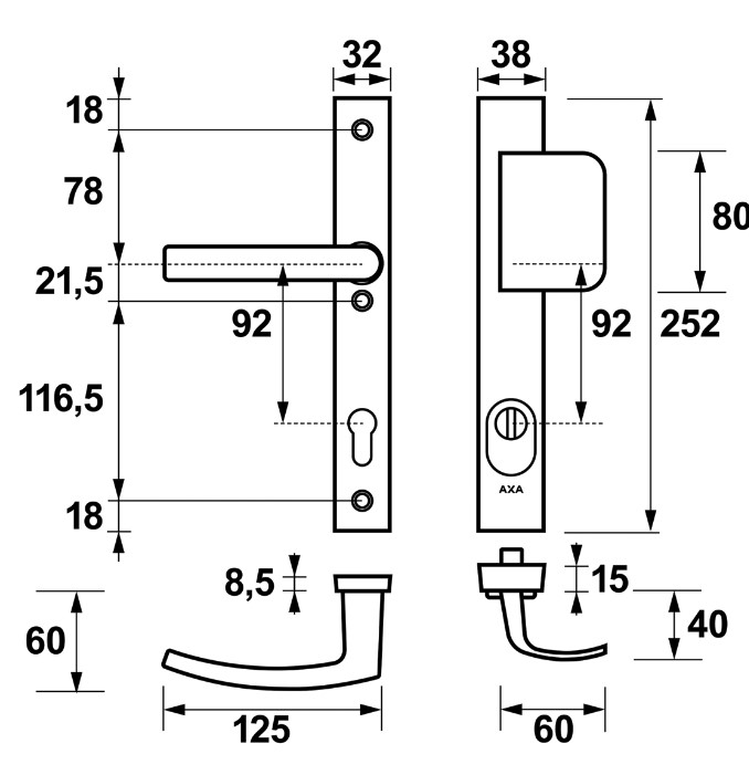 AXA Edge Plus Smal veiligheidsbeslag PC92 met kerntrekbeveiliging D-greep/kruk SKG3 Aluminium F1 - Afbeelding 2
