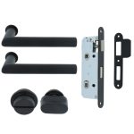 Deurklink Rond op mini rozet met wc-sluiting en smaldeurslot wc63/8 met ronde voorplaat rvs zwart