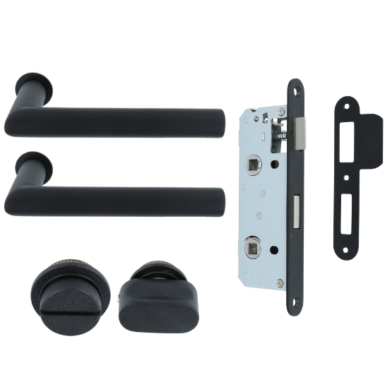 Deurklink Rond op mini rozet met wc-sluiting en smaldeurslot wc63/8 met ronde voorplaat rvs zwart