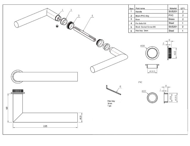 Deurklink Rond op mini rozet met wc-sluiting en smaldeurslot wc63/8 met ronde voorplaat rvs zwart - Afbeelding 2