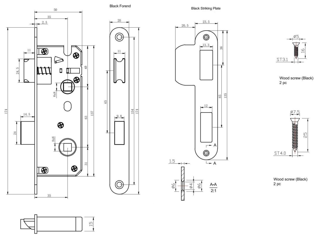 Deurklink Rond op mini rozet met wc-sluiting en smaldeurslot wc63/8 met ronde voorplaat rvs zwart - Afbeelding 4