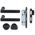 Deurklink Vierkant op mini rozet met wc-sluiting en smaldeurslot wc63/8 met ronde voorplaat rvs zwart