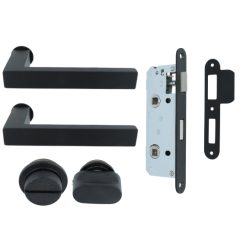 Deurklink Vierkant op mini rozet met wc-sluiting en smaldeurslot wc63/8 met ronde voorplaat rvs zwart