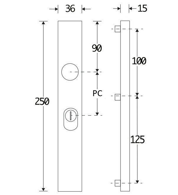 SKG3 rechthoekig smal schild PC55 buiten met kerntrekbeveiliging messing ongelakt - Afbeelding 2