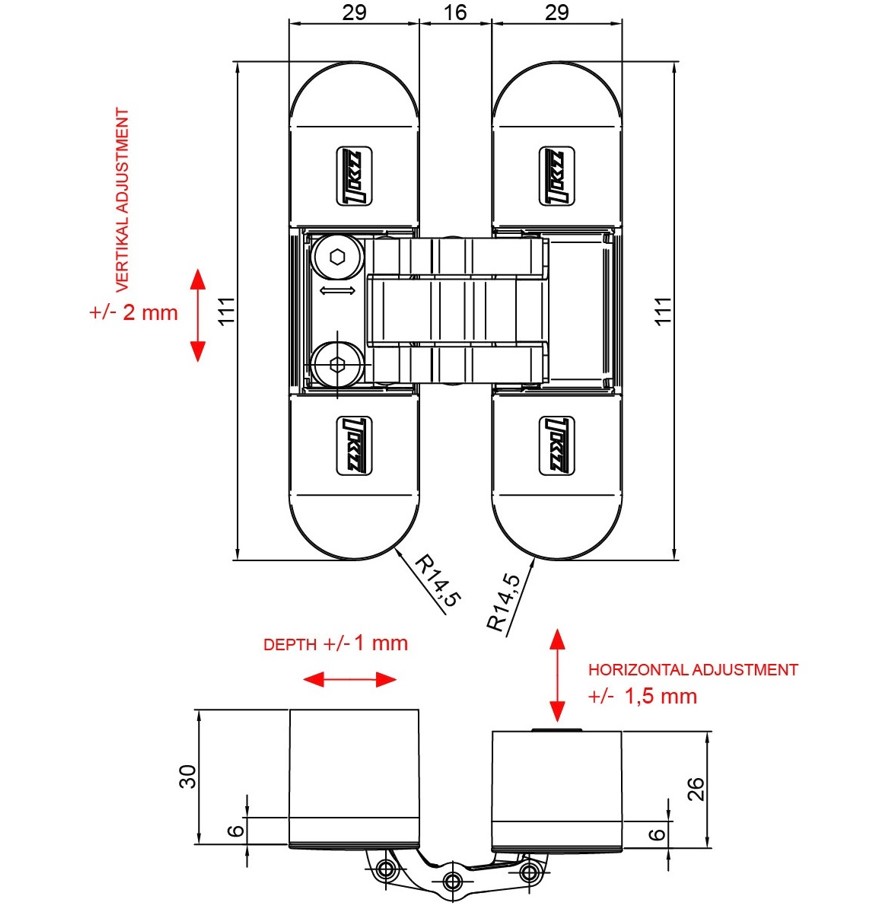 Onzichtbaar scharnier 3D verstelbaar 111x29mm zamak satijn verbronsd - Afbeelding 2