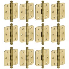 Set van 12 kogellagerscharnieren 76x76 ronde hoek bol messing antiek