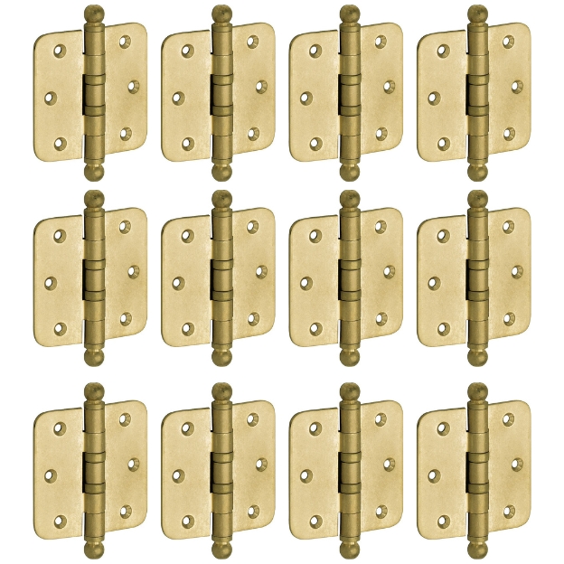 Set van 12 kogellagerscharnieren 76x76 ronde hoek bol messing antiek