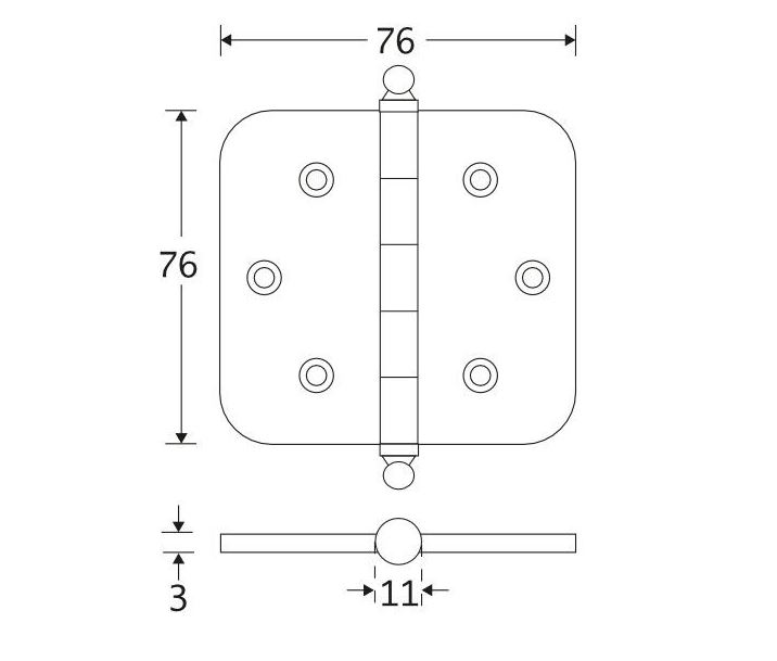 Set van 12 kogellagerscharnieren 76x76 ronde hoek bol messing antiek - Afbeelding 3