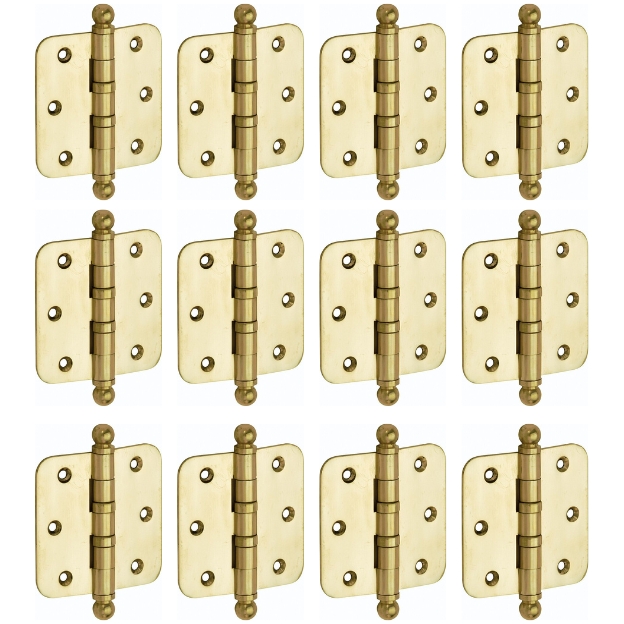 Set van 12 kogellagerscharnieren 76x76 ronde hoek bol messing ongelakt