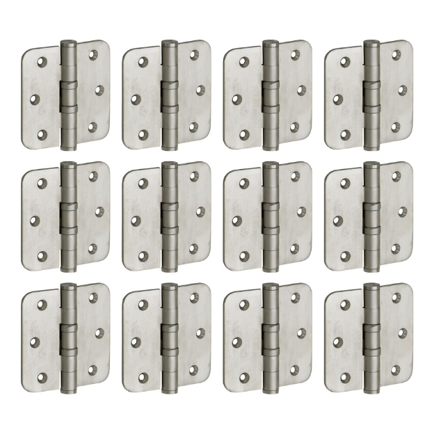 Set van 12 kogellagerscharnieren 89x89 ronde hoek vlak mat nikkel ongelakt
