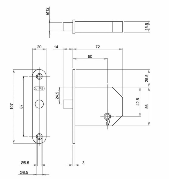 Lips binnendeur klavier insteekslot 2084 - Afbeelding 2