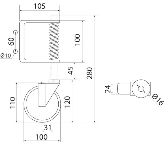 Poortwiel met veer 100 mm staal/rubber - Afbeelding 2