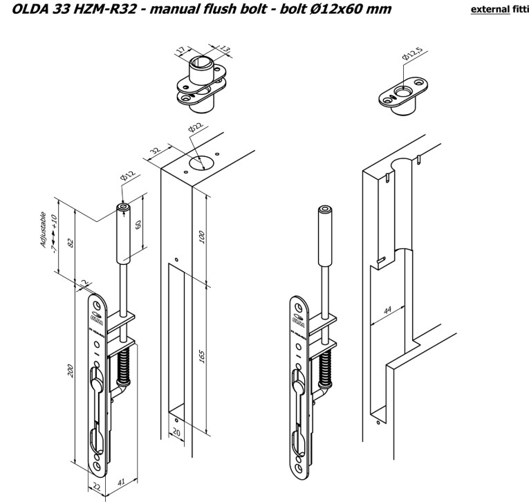 Olda kantschuif type 33 schoot Ø12 mm lengte 60 mm voor stalen/aluminium deuren staal verzinkt/rvs - Afbeelding 2