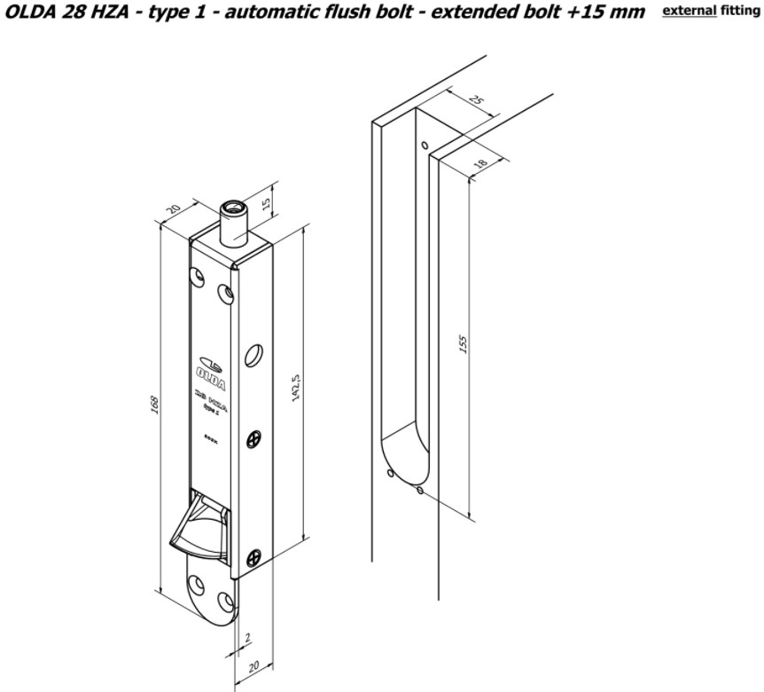 Olda automatische kantschuif type 28 voor houten deuren verlengde schoot +15 mm type 1 staal verzinkt - Afbeelding 2