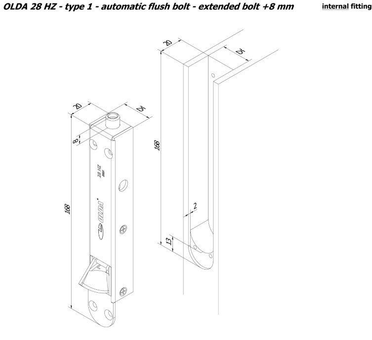Olda automatische kantschuif type 28 voor houten deuren verlengde schoot +8 mm type 1 staal verzinkt - Afbeelding 2
