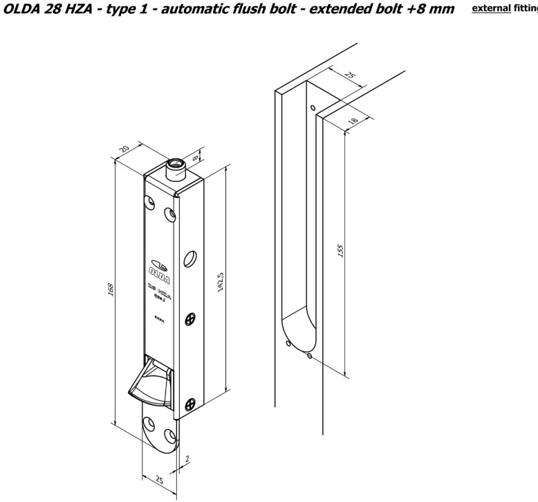 Olda automatische kantschuif type 28 voor houten deuren verlengde schoot +8 mm type 1 staal verzinkt - Afbeelding 3